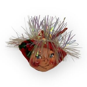 Vintage 1996 Annalee Elf Pixie Head Doll Christmas Ornament Tinsel 2.75"
